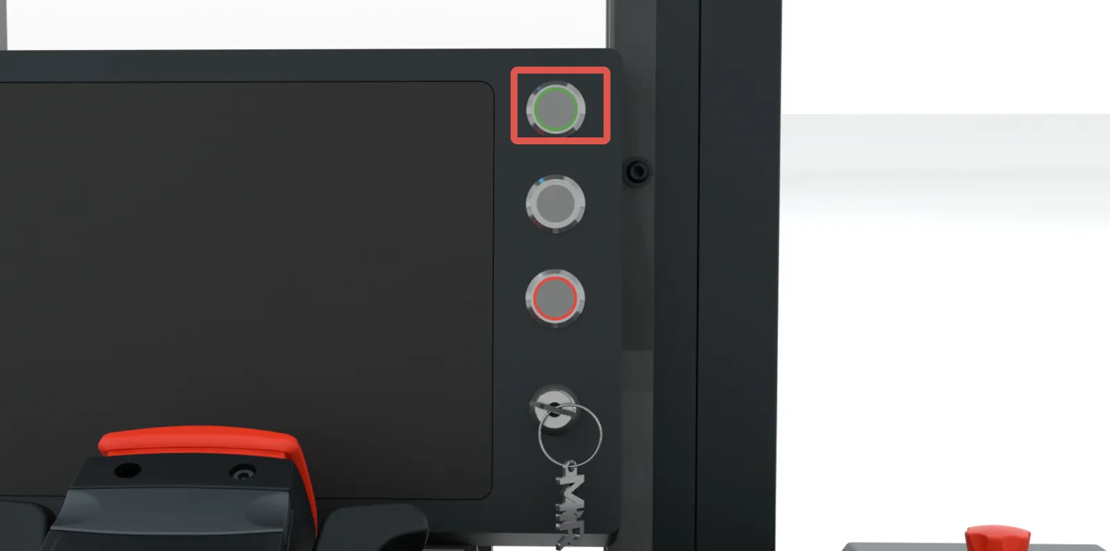 The location of the Power button on the control panel.