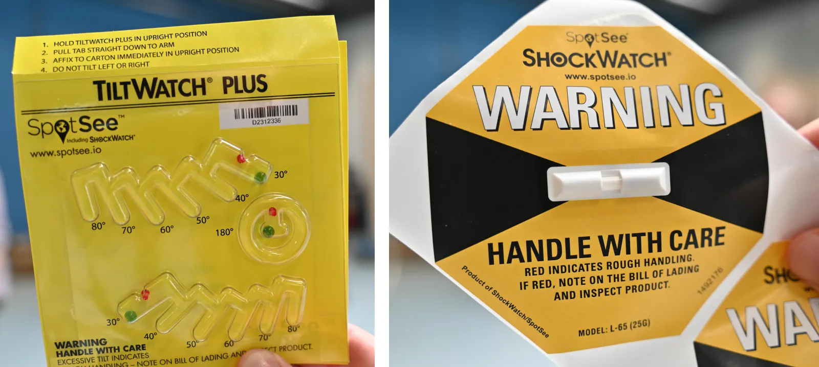 TiltWatch and ShockWatch stickers showing the robot has been safely shipped.