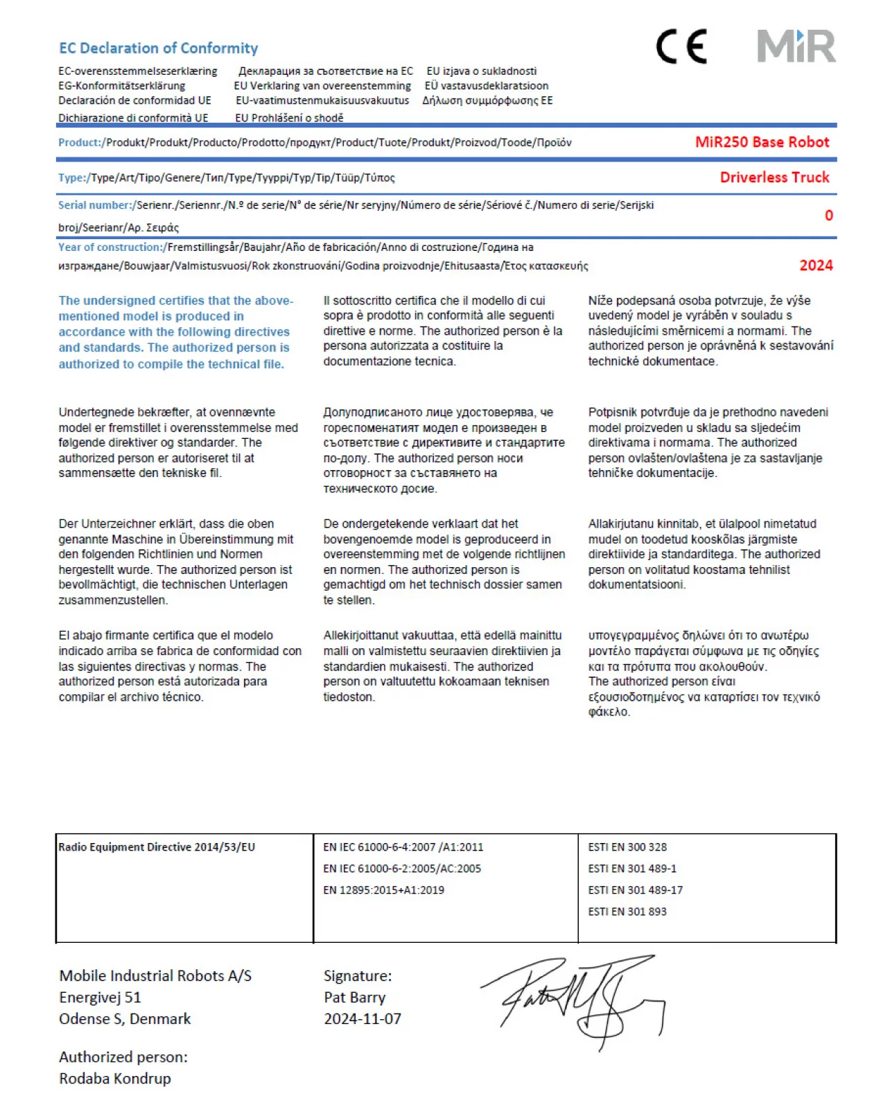 Example of the Declration of conformity