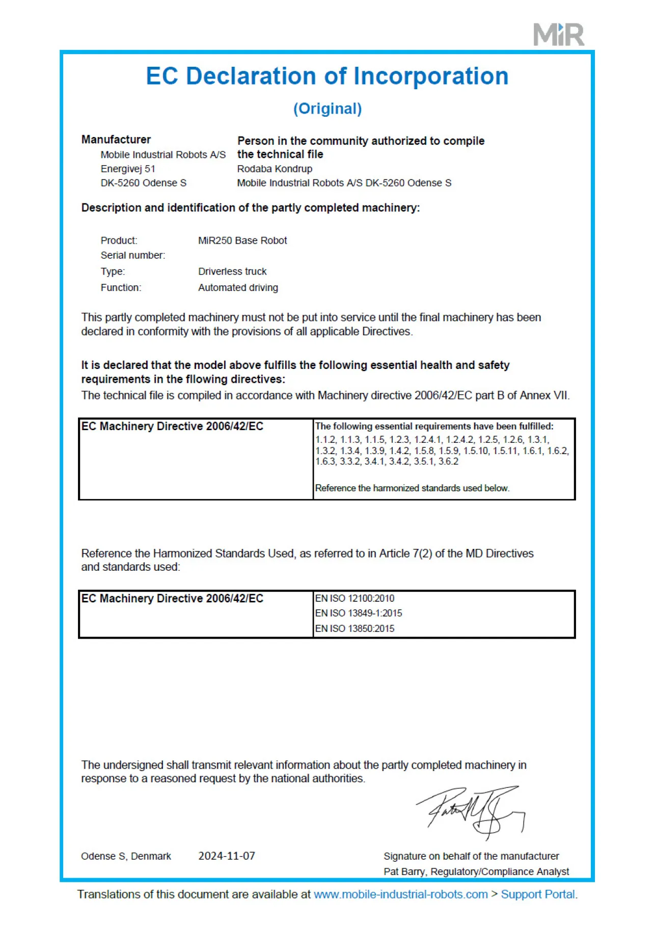 Example of the Declration of Incorporation