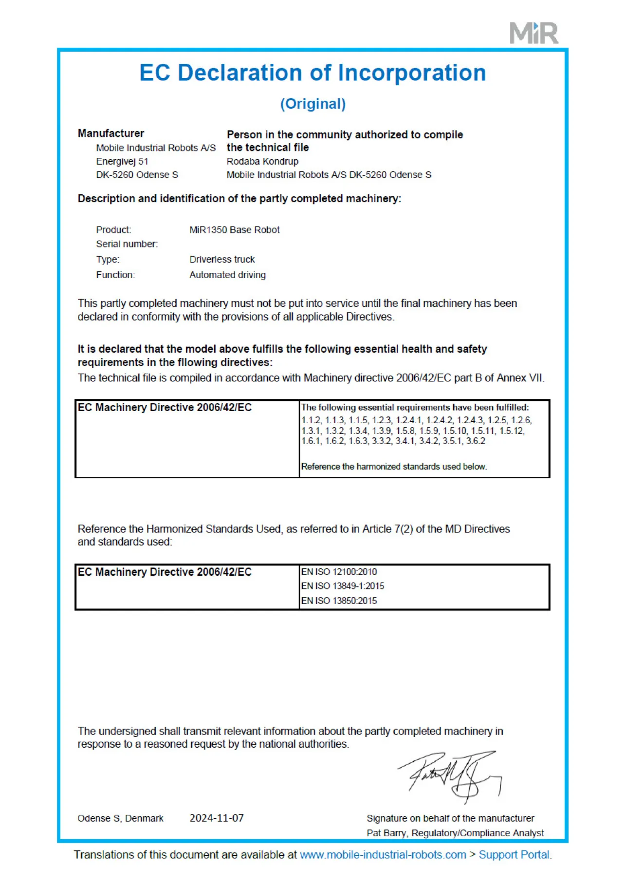 Example of the Declration of Incorporation
