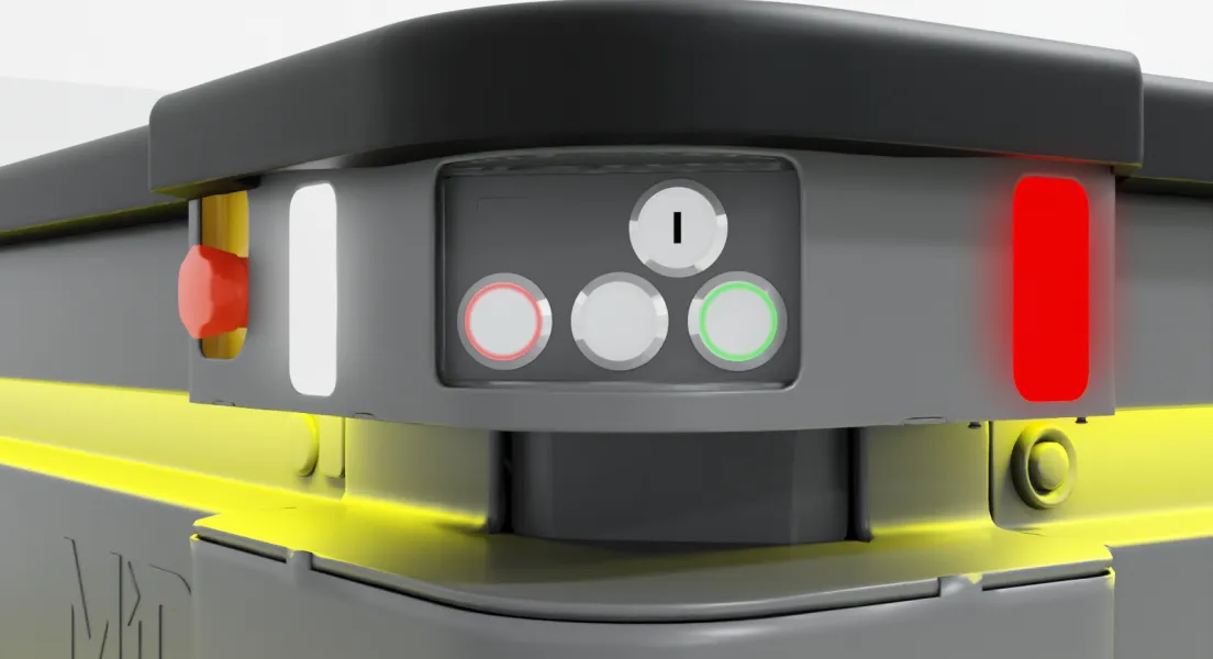 The robot with orange startup lights.