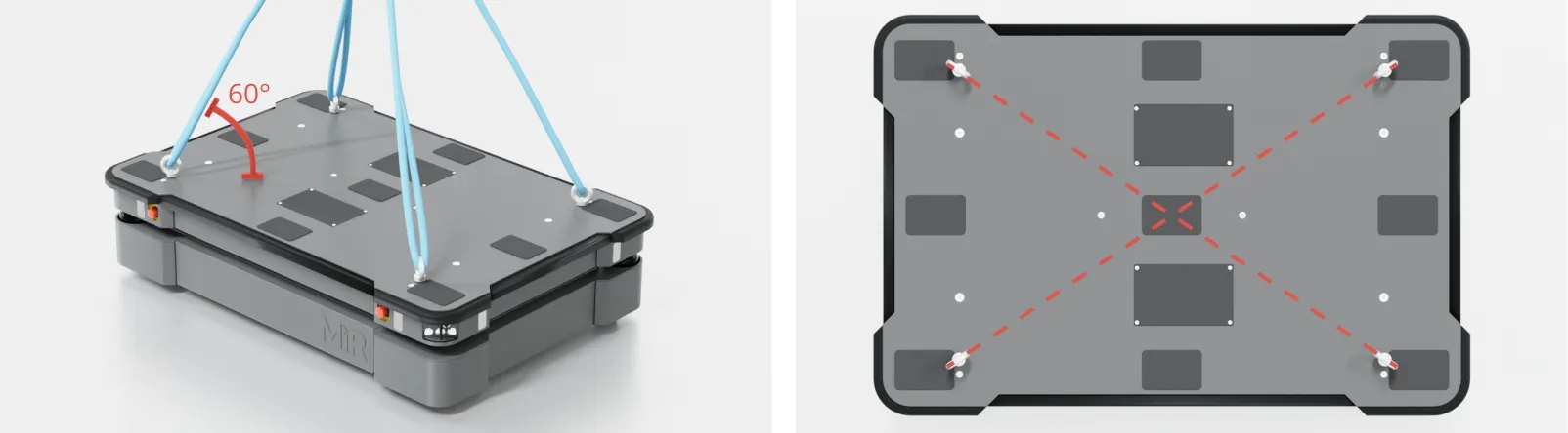 The robot with slighs attaches at 60 degree angle to the top plate, and eyebolts that are aligned with their diagonal.