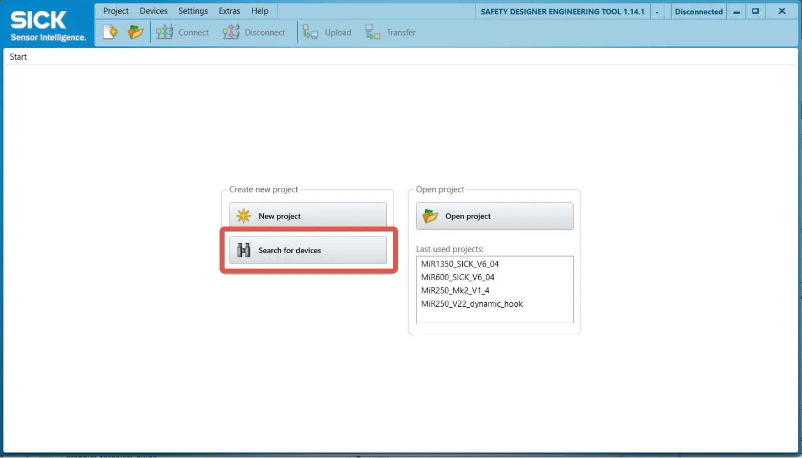 Search for devices in the SICK Safety Designer tool.